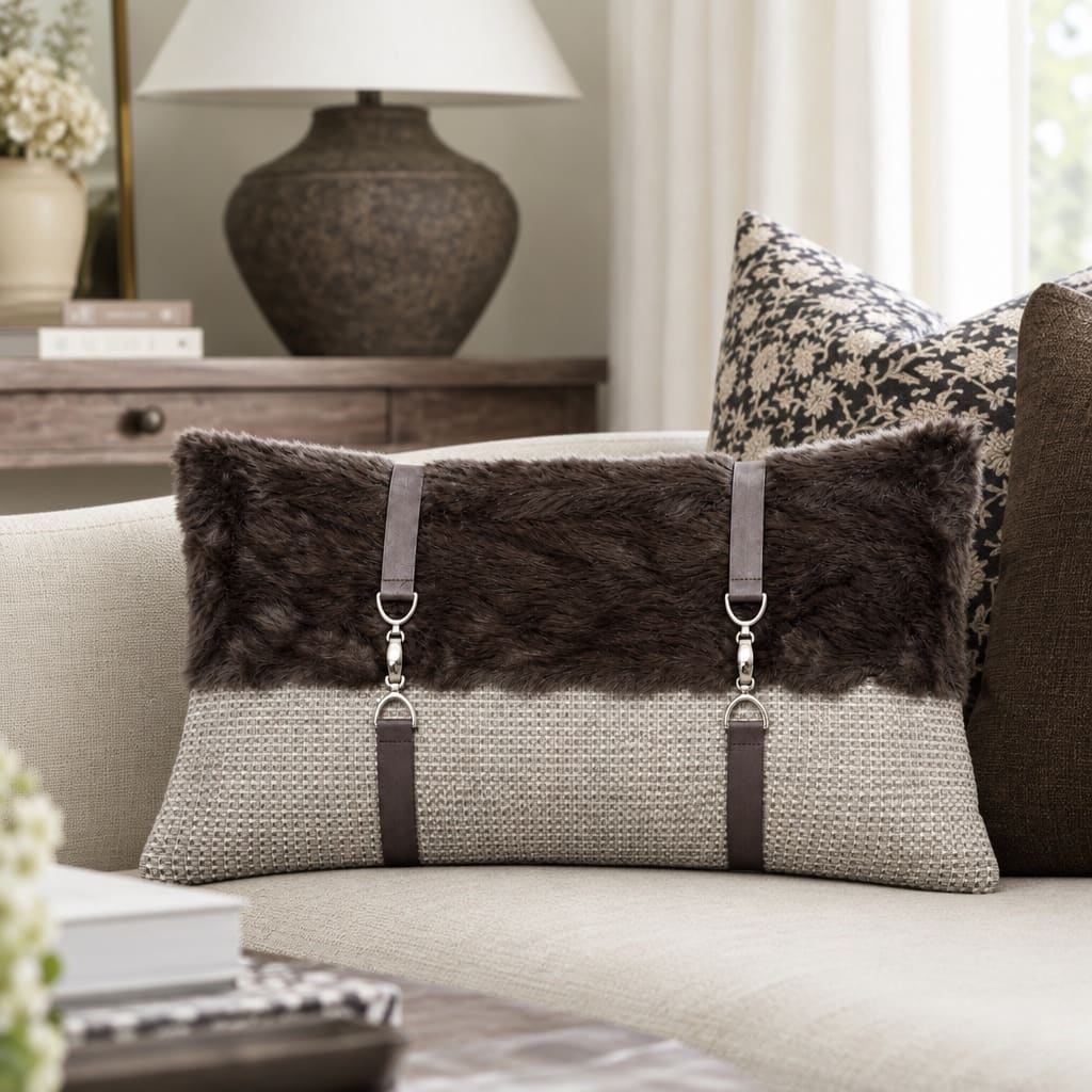 Weston Brown and Beige Fur-Effect Rectangular Cushion Cover - Home Artisan
