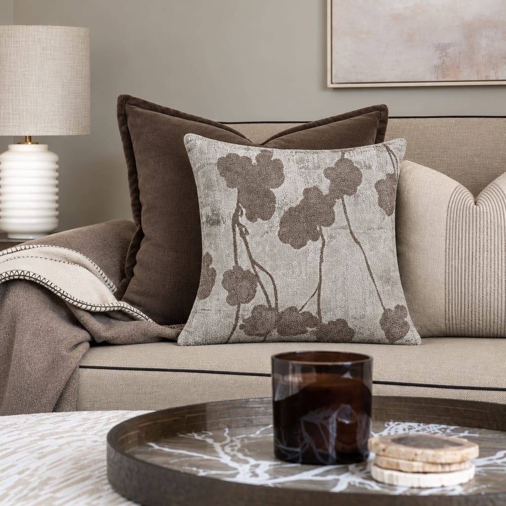 Fleur Ivory and Taupe Floral Silhouette Cushion Cover - Home Artisan