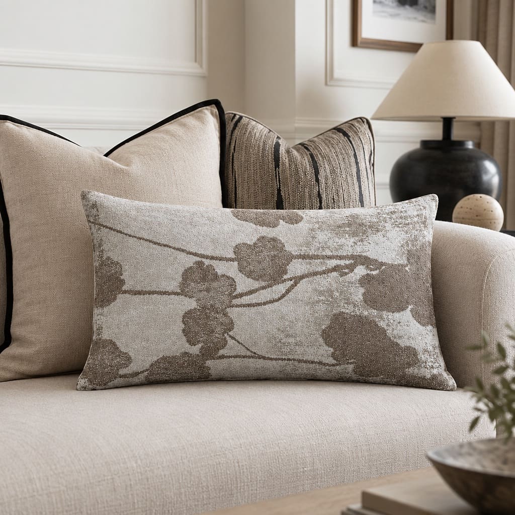 Fleur Ivory and Taupe Floral Rectangular Cushion Cover - Home Artisan