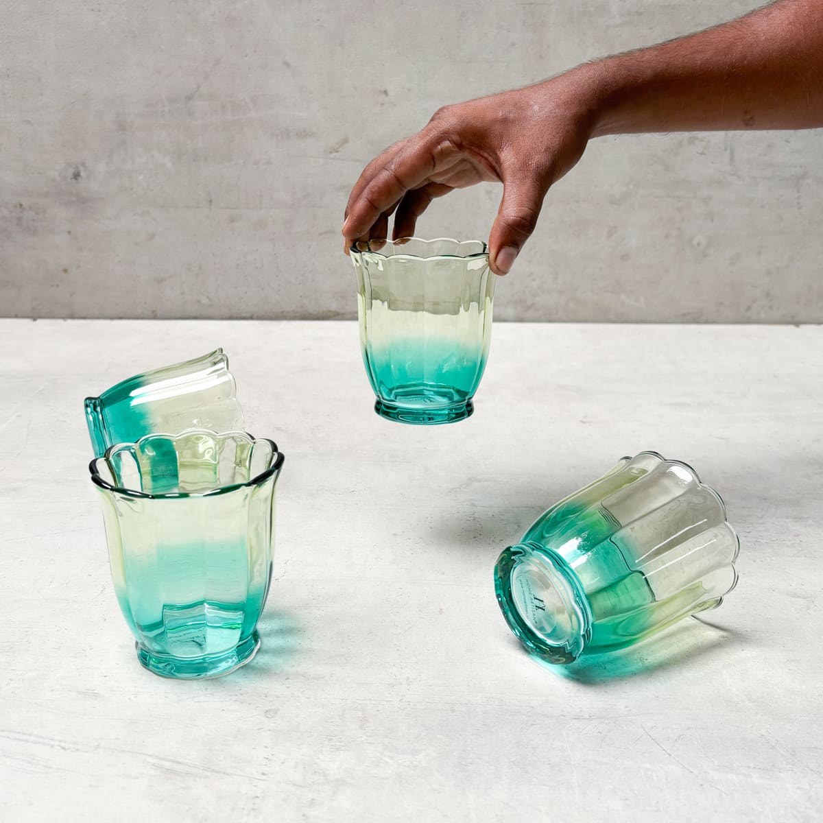 Serena Aqua & Amber Ombre Scalloped Drinking Glass (Short) - Set of 4