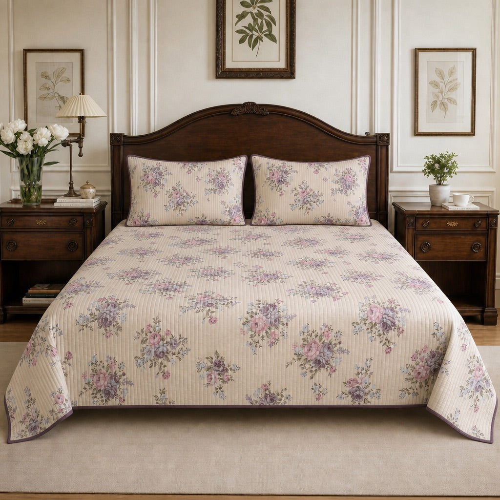Camille Lavender Bouquet Striped King-Size Cotton Comforter with Pillow Cases - Home Artisan