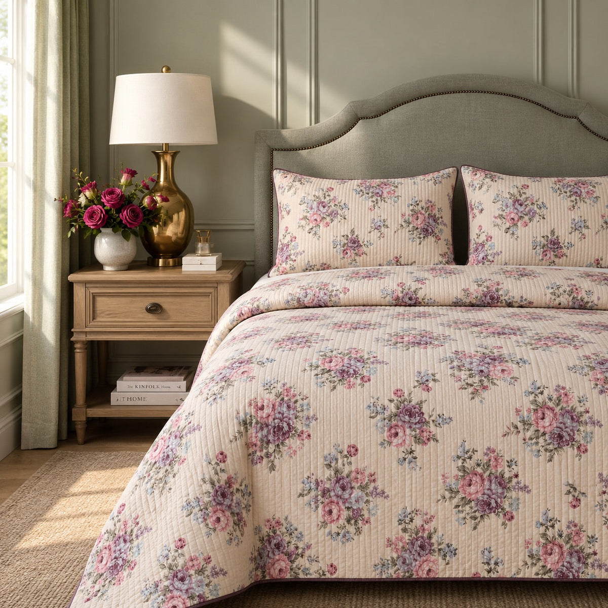 Camille Lavender Bouquet Striped King-Size Cotton Comforter with Pillow Cases