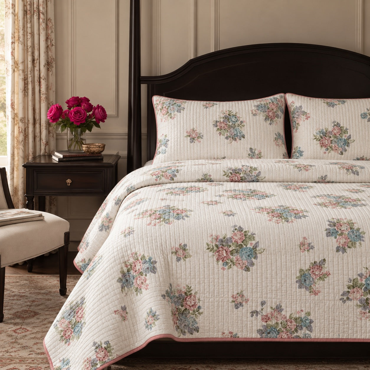 Elodie Pastel Floral Posy King-Size Cotton Comforter with Pillow Cases