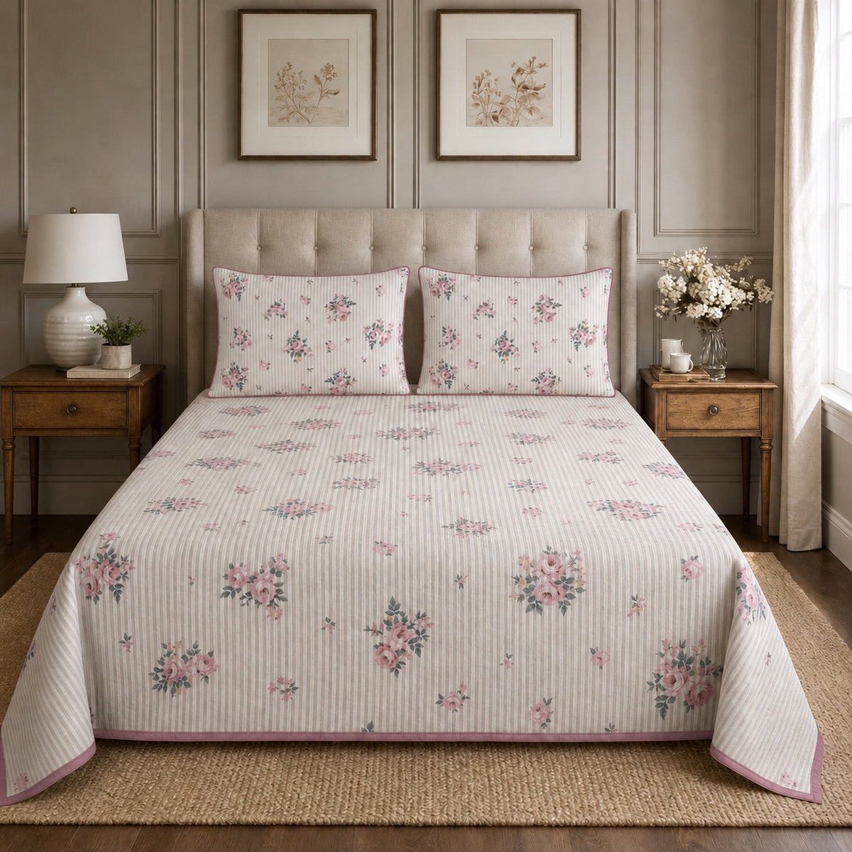 Celeste Petite Rose Stripe King-Size Cotton Comforter with Pillow Cases - Home Artisan