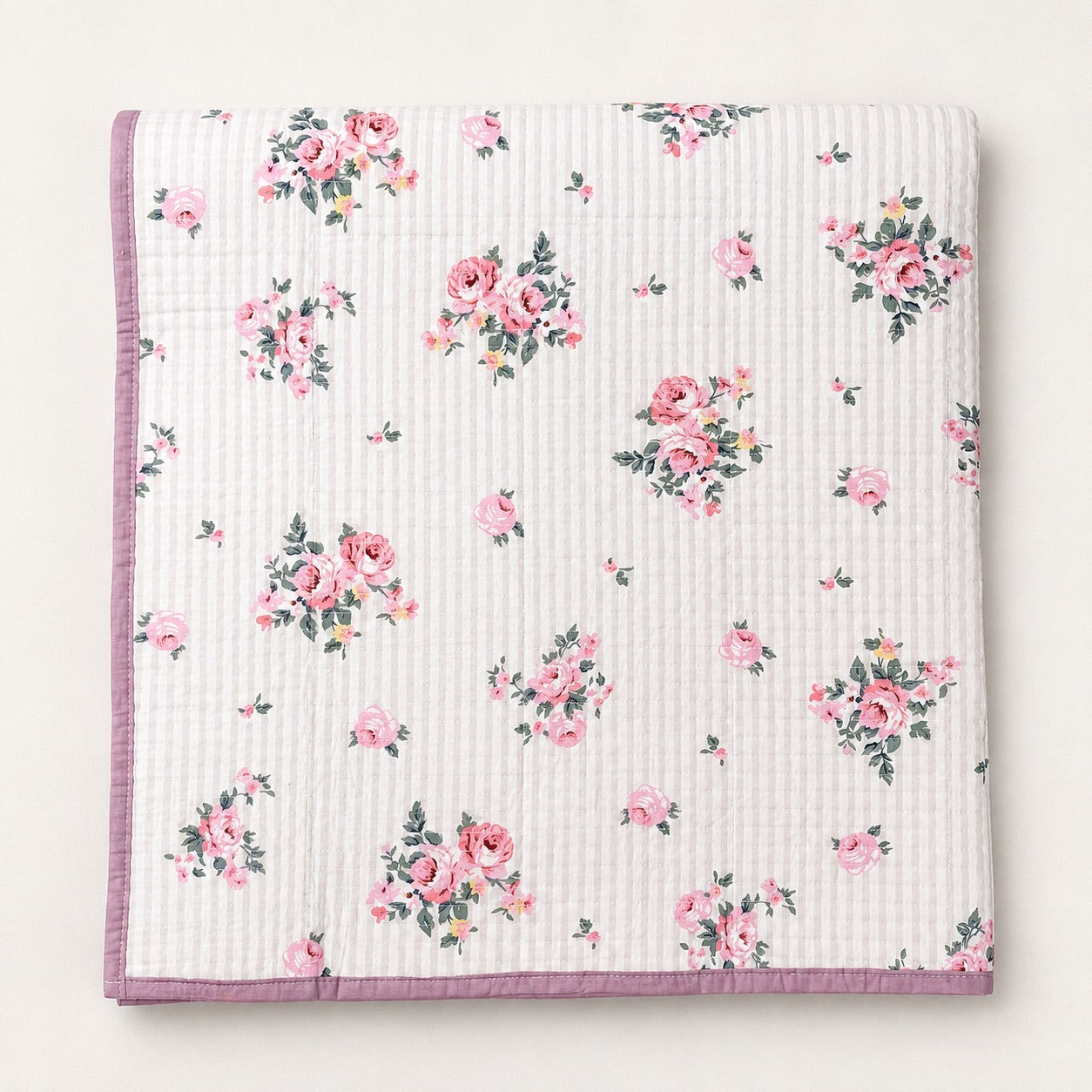 Celeste Petite Rose Stripe King-Size Cotton Bed Cover with Pillow Cases