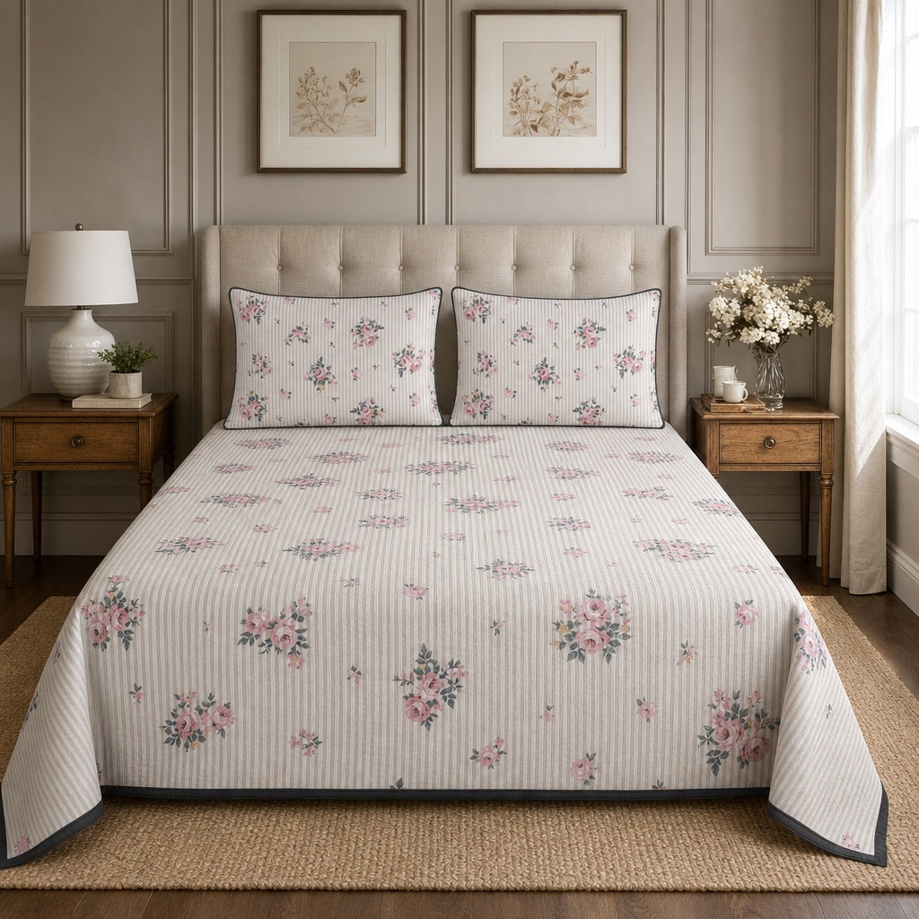 Camelia Petite Rose Stripe King-Size Cotton Comforter with Pillow Cases - Home Artisan