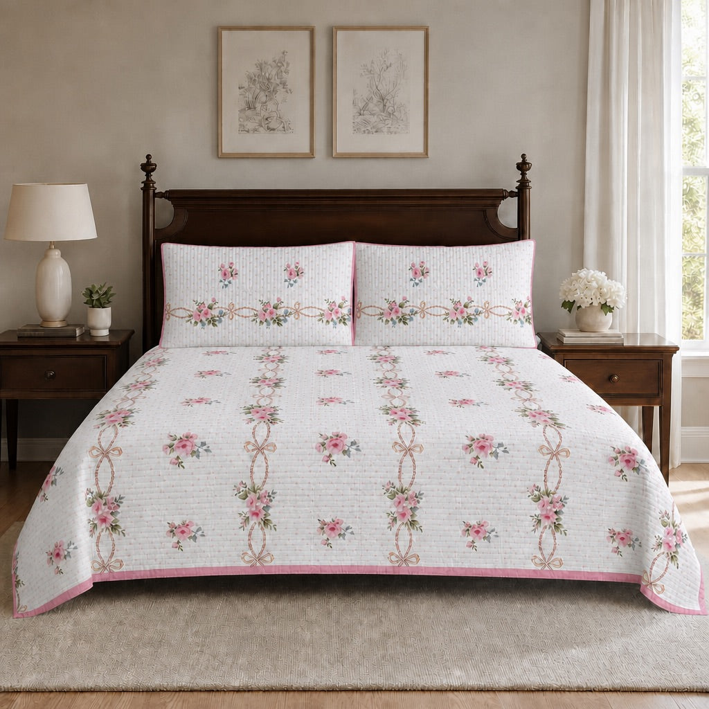 Seraphina Pink Floral Ribbon King-Size Cotton Comforter with Pillow Cases - Home Artisan