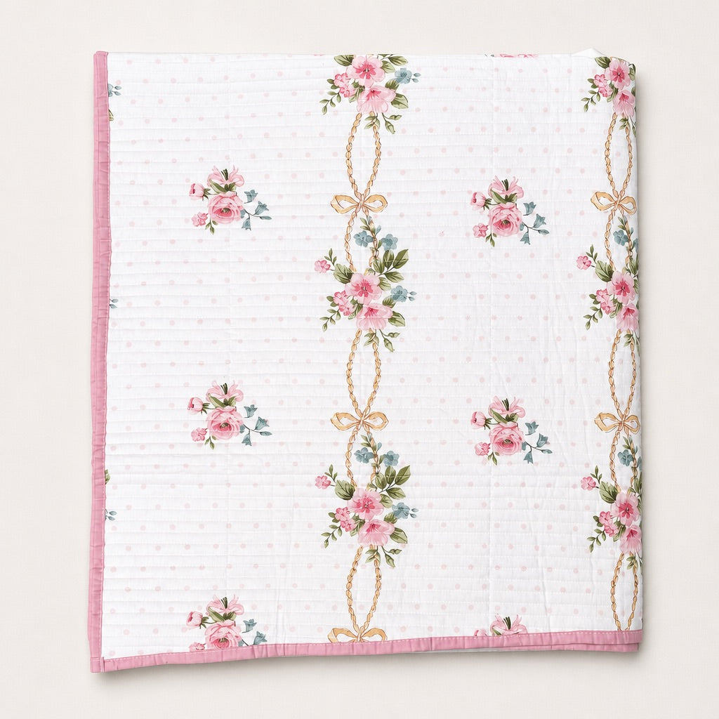 Seraphina Pink Floral Ribbon King-Size Cotton Comforter with Pillow Cases - Home Artisan