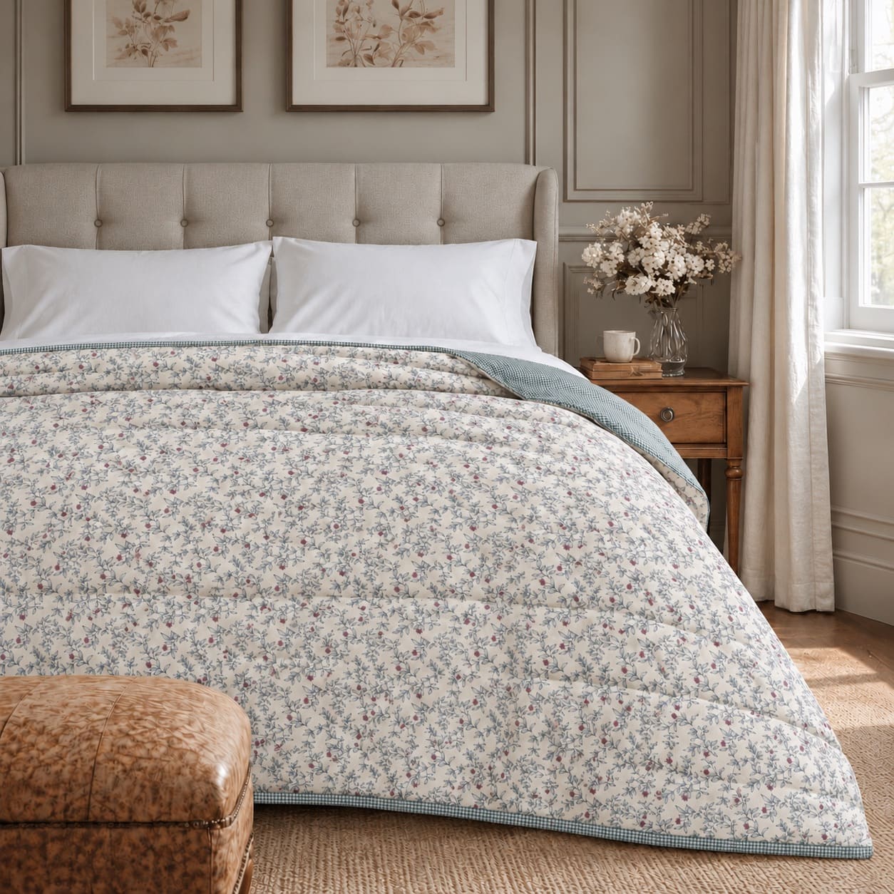 Camellia Blue Leaf and Pink Bud King Size Comforter - Home Artisan