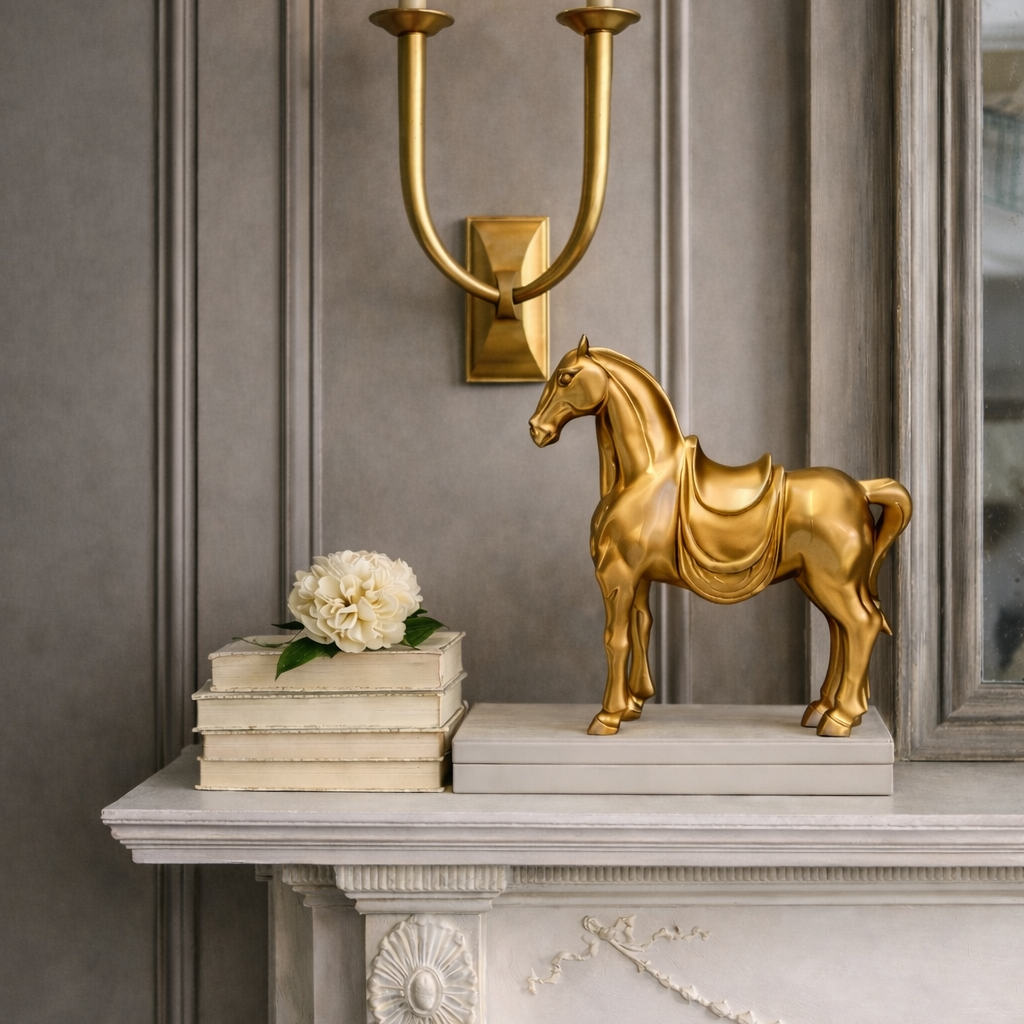 Golden Horse with Saddle Sculpture