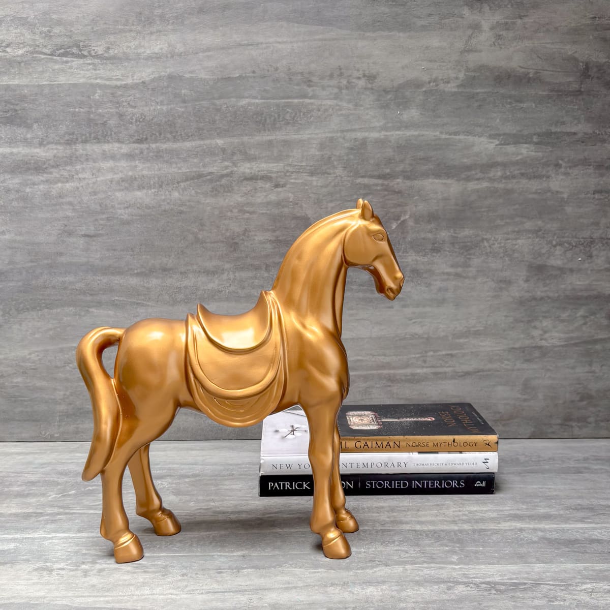 Golden Horse with Saddle Sculpture - Home Artisan