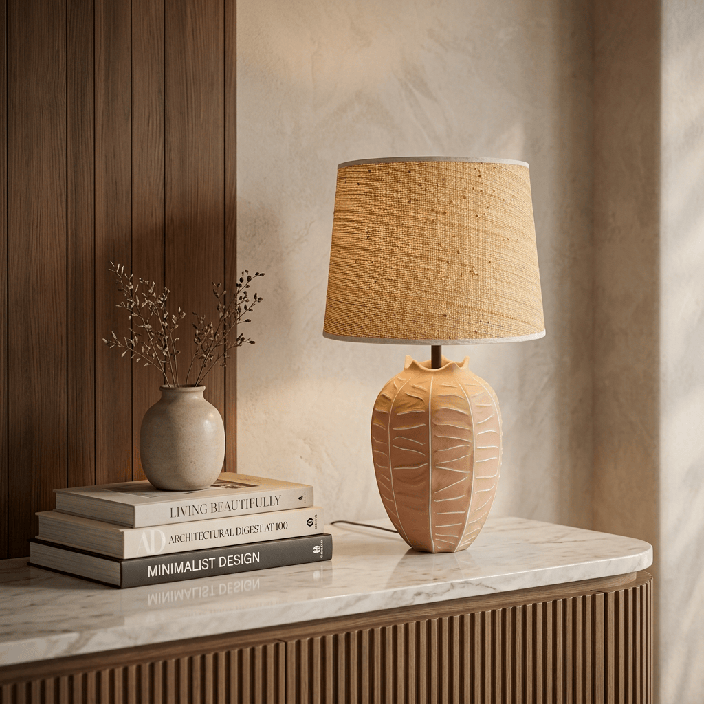 Terracotta Leaf Motif Ceramic Table Lamp (Large)