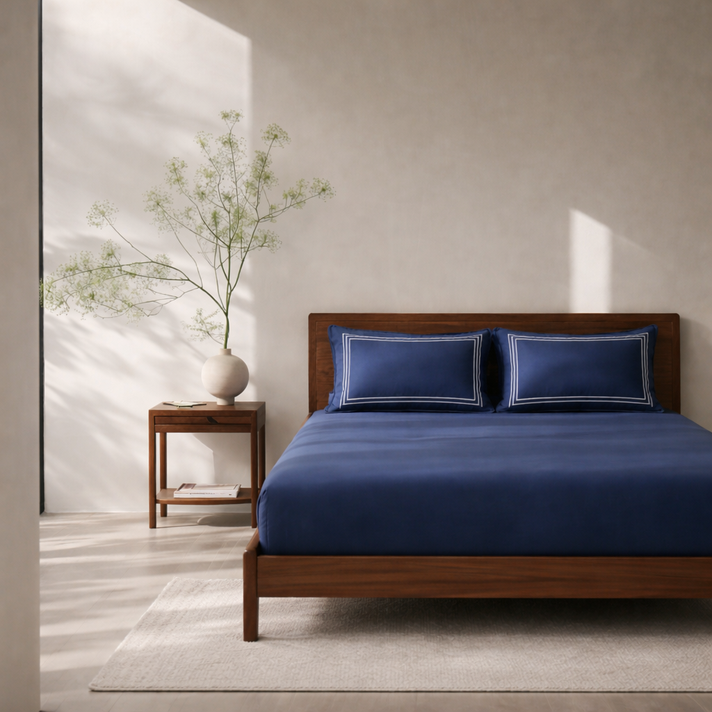 Parallel Moonlight Blue Cotton Sateen Bed Sheet by Veda Homes