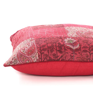 Roseate Tussar Printed Cushion Cover with Patchwork and Embroidery by Houmn