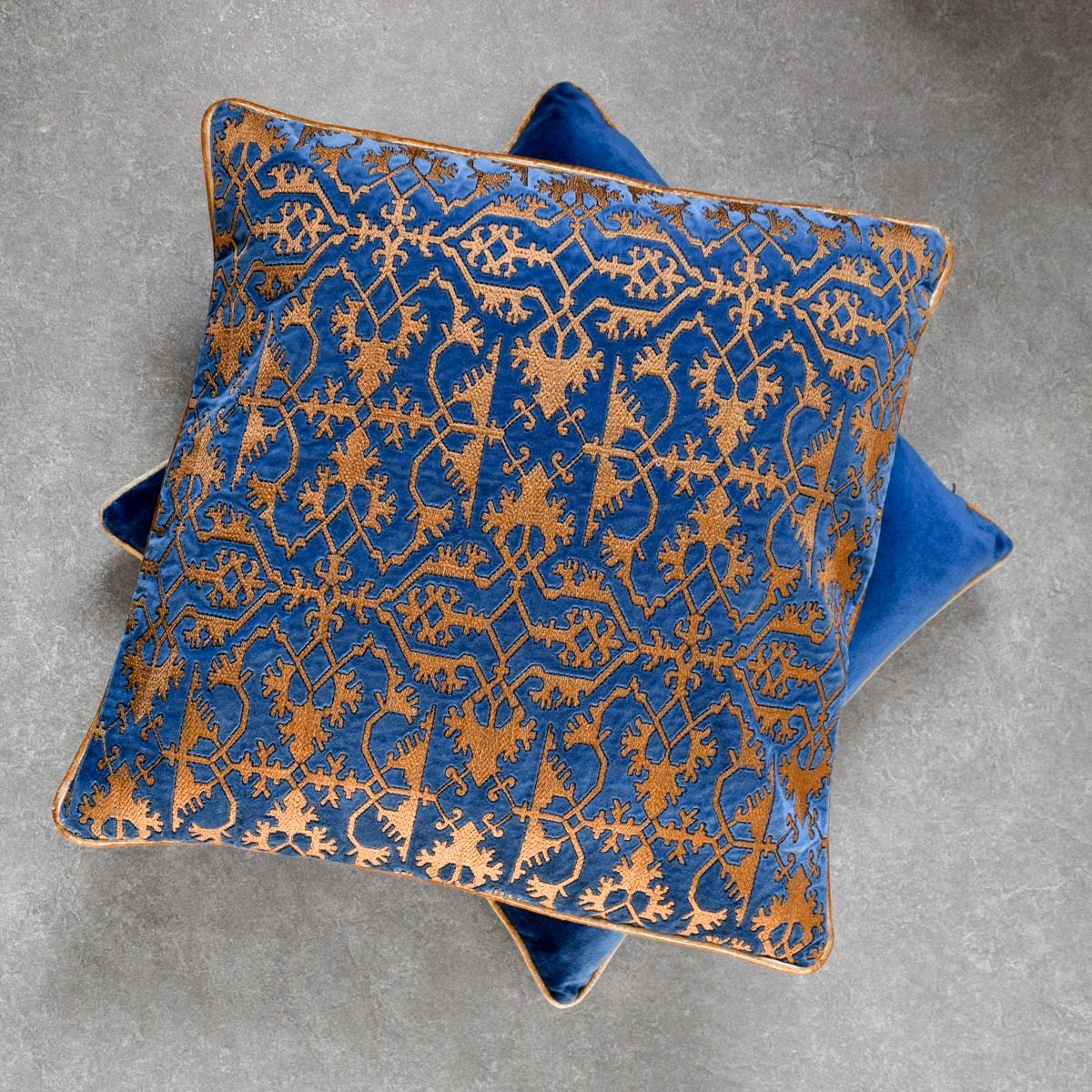Gul Blue and Gold Embroidered Cushion Cover by Valaya Home for Tapestry