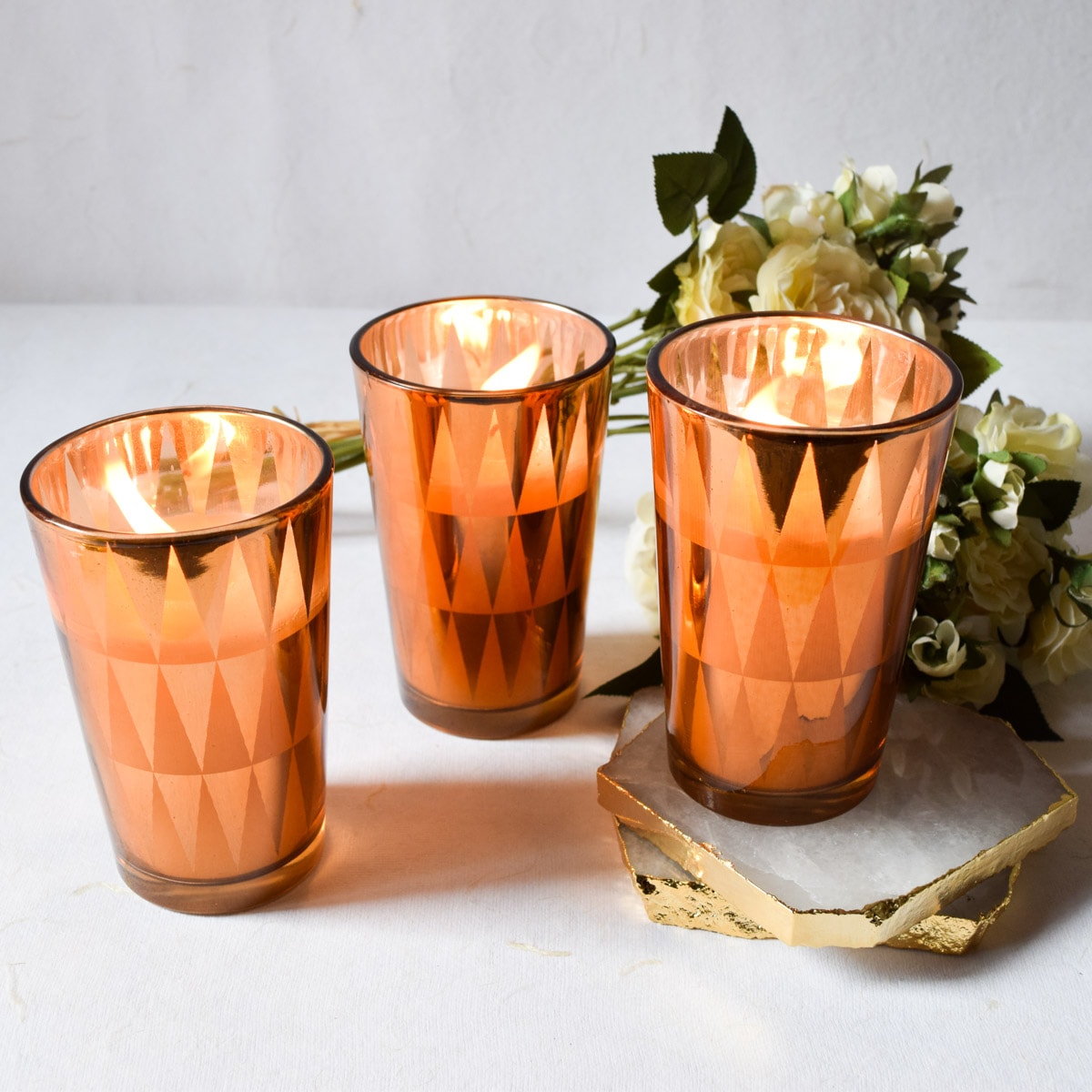 Clarisse Triangle-Pattern Copper Gold Candles - Set of 3