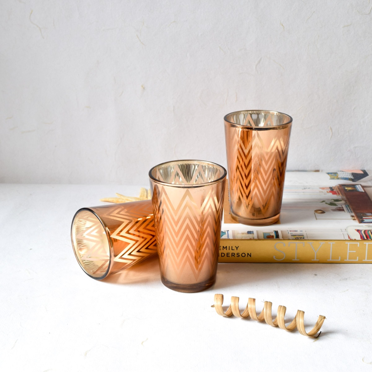 Clarisse Chevron-Pattern Copper Gold Candles - Set of 3