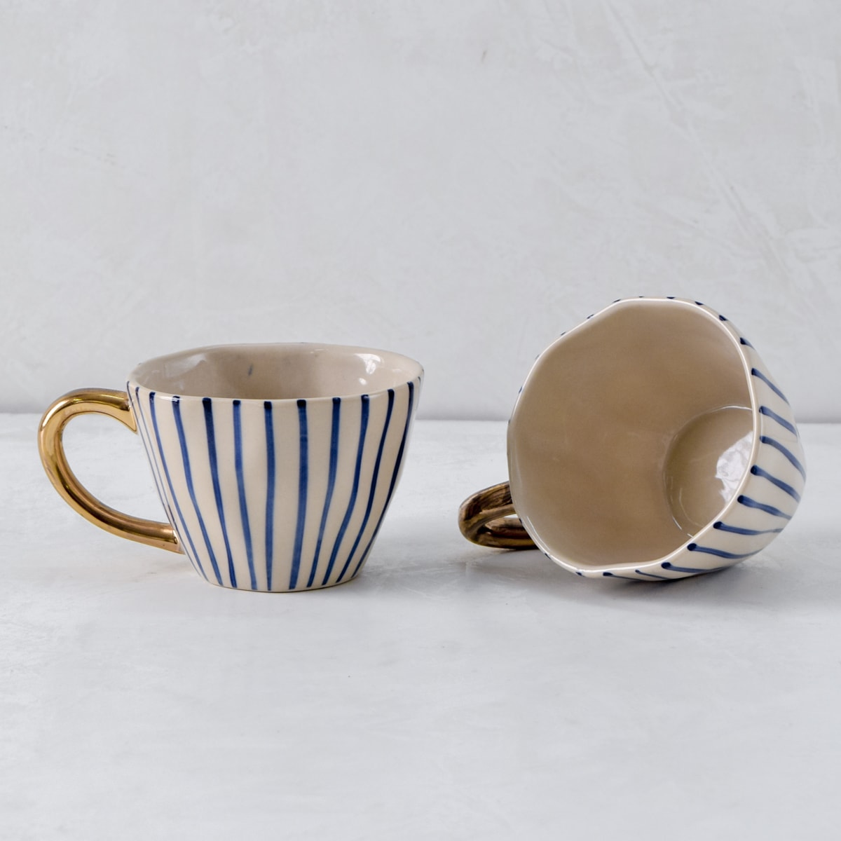 Ella Blue Vertical Striped Ceramic Cup with Golden Handle