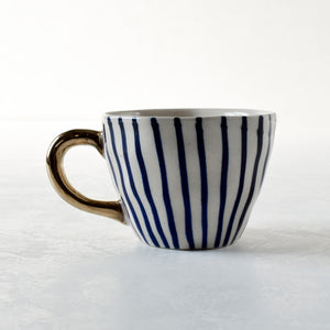 Ella Blue Vertical Striped Ceramic Cup with Golden Handle