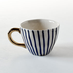 Ella Blue Vertical Striped Ceramic Cup with Golden Handle