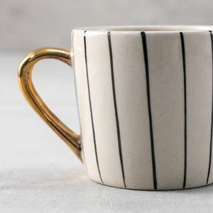 Iris Black Vertical Striped Mug with Golden Handle - Set of 2 - Home Artisan