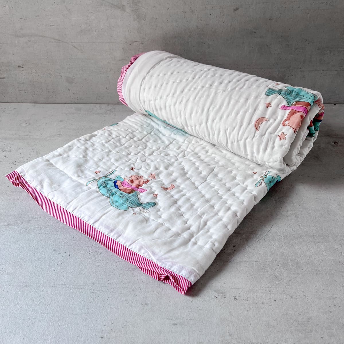 Fuzzy Bear On A Plane Hand Block Print Cotton Quilt Set