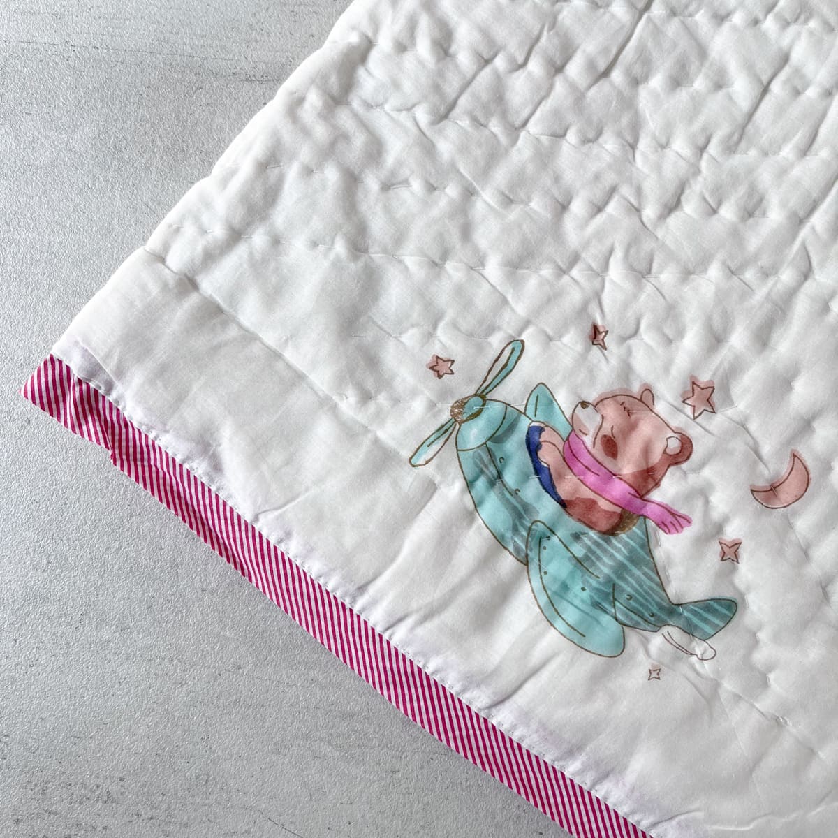 Fuzzy Bear On A Plane Hand Block Print Cotton Quilt Set