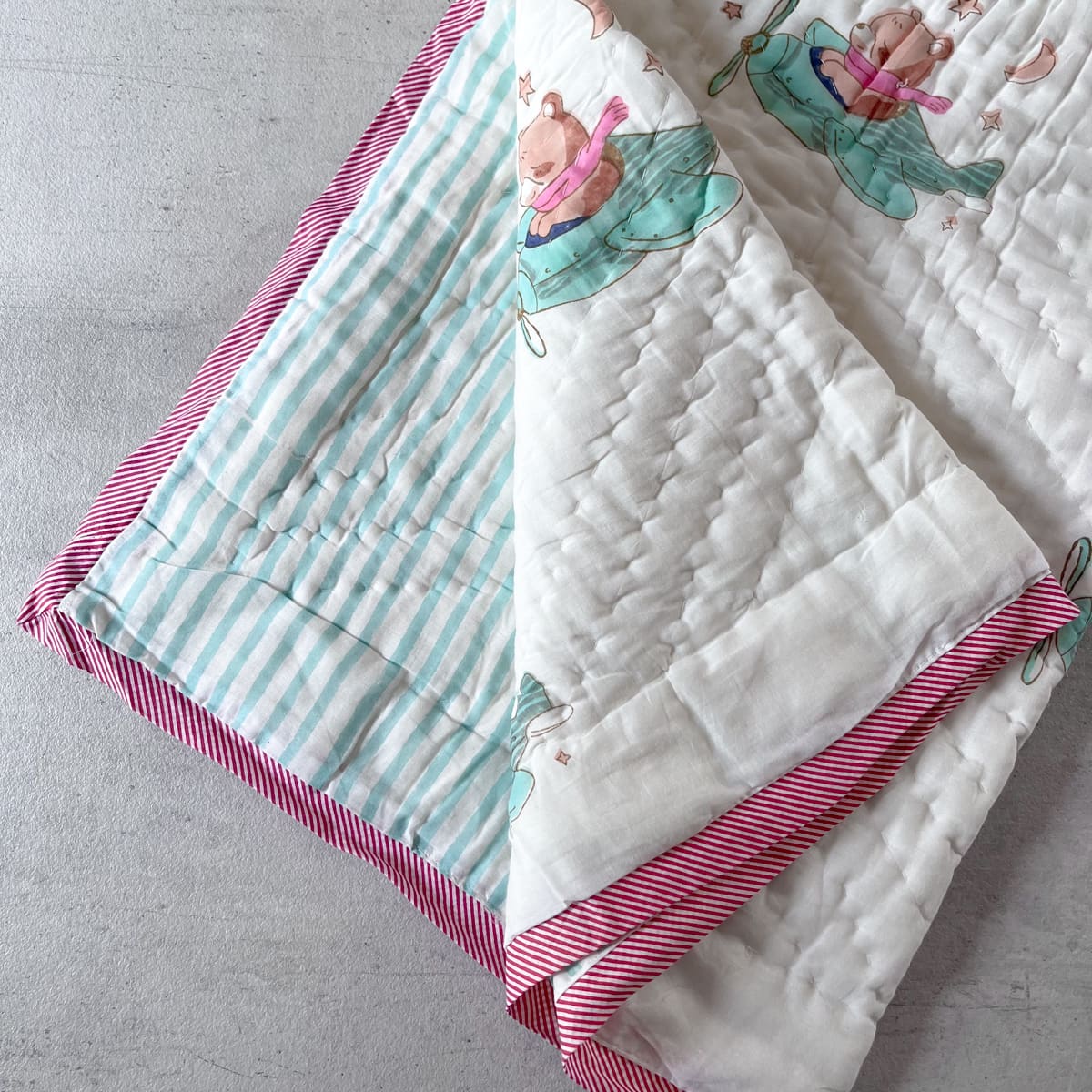 Fuzzy Bear On A Plane Hand Block Print Cotton Quilt Set