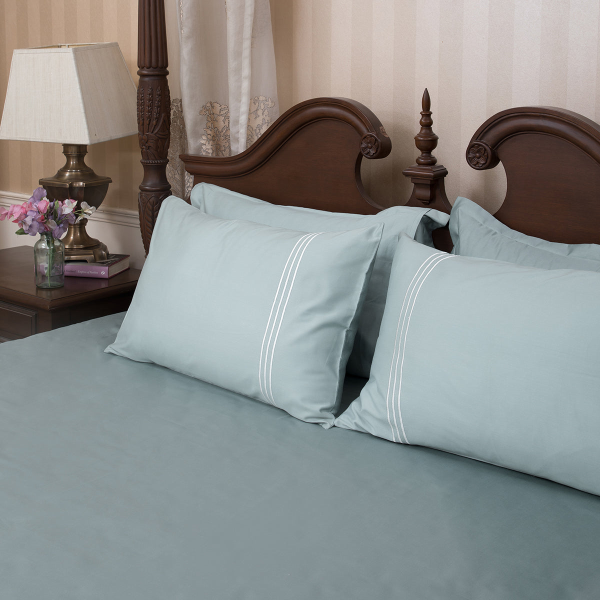 3 Stripes Frosty Green Cotton Sateen Bed Sheet by Veda Homes