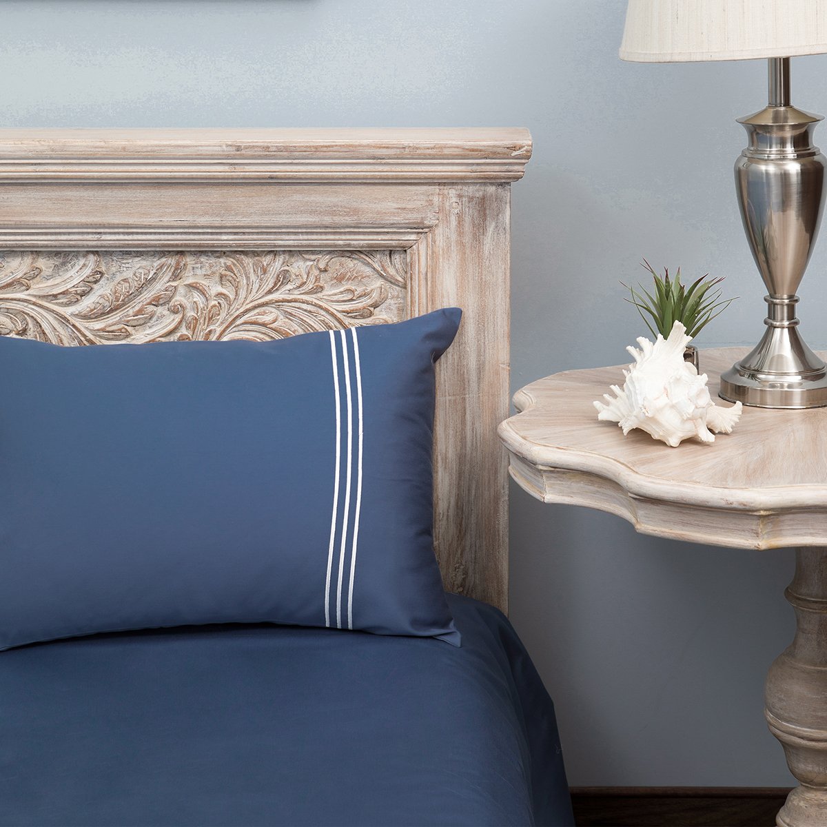 3 Stripes Moonlight Blue Cotton Sateen Bed Sheet by Veda Homes